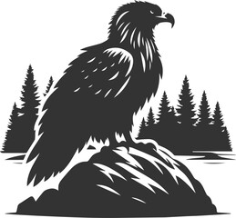 Forest tree with eagle wildlife bird vector drawing silhouette