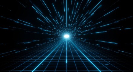 Glowing blue grid with light streaks.