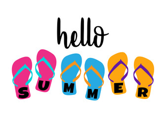 Vacaciones de verano. Logo flip flops. Texto hello summer en chanclas.  © teracreonte