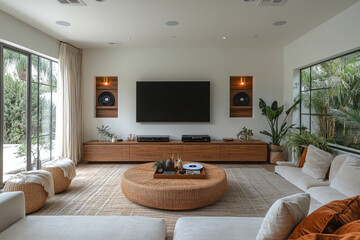 Warm Mid-century Living Room with Walnut Wood Accents