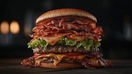 Stacked bacon cheeseburger with melted cheese, lettuce, tomato, and crispy bacon on a wooden surface