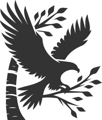 Forest tree with eagle wildlife bird vector drawing silhouette