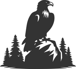 Forest tree with eagle wildlife bird vector drawing silhouette