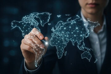 Business woman and global structure networking and data exchanges customer connection on dark background