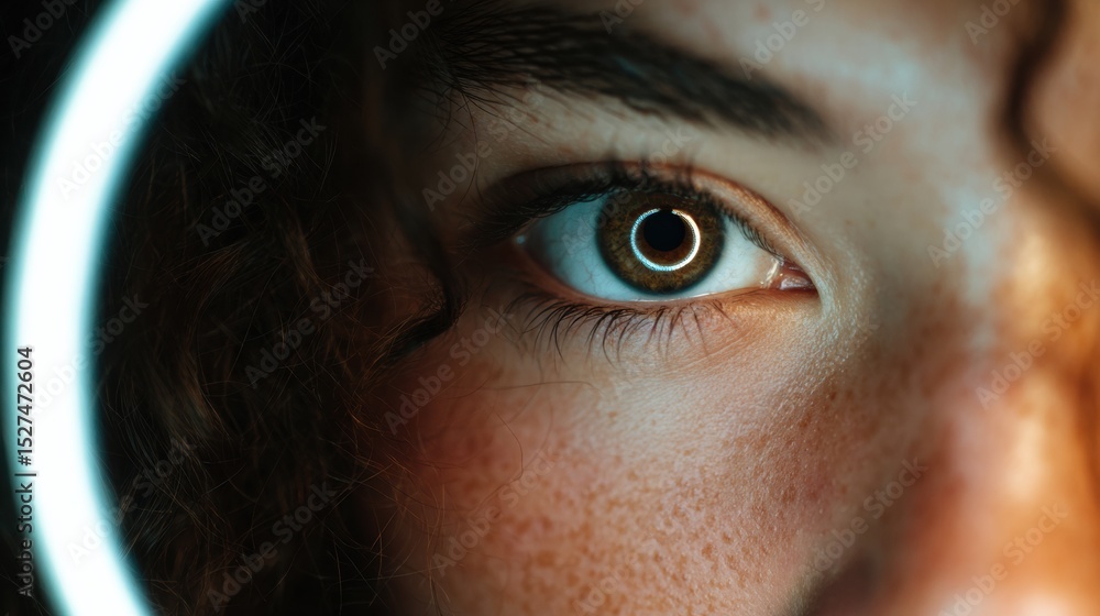Poster glowing ring light reflects in photographers eye creating a captivating visual effect in a clean spa