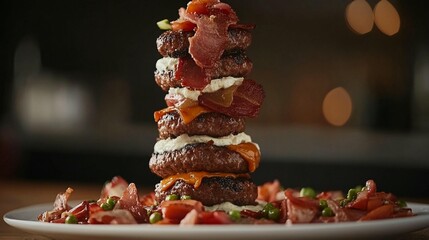 Stacked gourmet burgers, topped with bacon, cheese, and creamy spread, served on a plate with mixed vegetables