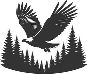 Forest tree with eagle wildlife bird vector drawing silhouette