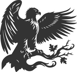 Forest tree with eagle wildlife bird vector drawing silhouette