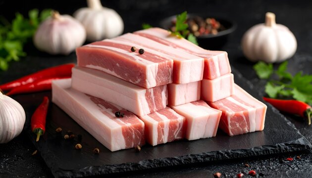 Stack of raw bacon slices with garlic and chili peppers on slate