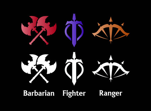 set of barbarian axe, fighter sword, ranger bow fantasy rpg game class role emblem badge icon