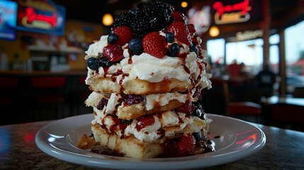 Stacked waffles topped with whipped cream and fresh berries. Drizzled with syrup