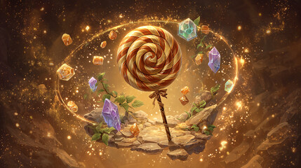 Levitating Spiral Lollipop with Floating Crystals in Magical Energy Field