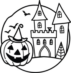 Doodle Halloween Composition with Spooky House and Pumpkin

