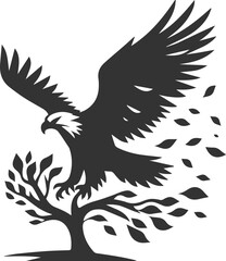 Forest tree with eagle wildlife bird vector drawing silhouette