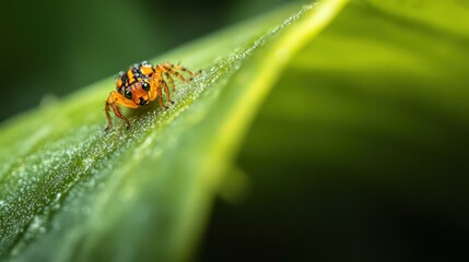 Obraz premium Tiny orange and black insect on a green leaf