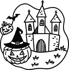 Spooky Halloween Vector with Pumping, Haunted House and Bat

