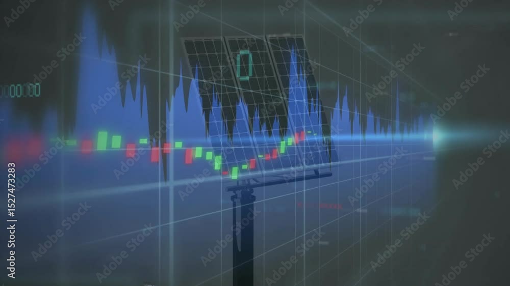 Poster scan line sweeping solar panel, animating shifting candlestick bars with pulsing blue area graph