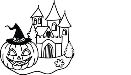 Fototapeta premium Classic Halloween Line Art with Enchanted Castle and Pumpkin