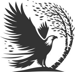 Forest tree with eagle wildlife bird vector drawing silhouette