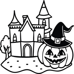 Halloween Line Art Featuring Haunted Mansion and Carved Pumpkin

