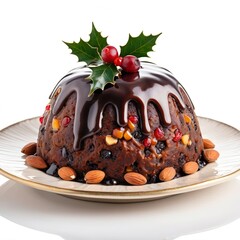 Festive Christmas pudding isolated on white background. Traditional dessert English cake with raisins, almonds, honey, rum, decorated with cranberries, holly leaves and chocolate glaze. AI generated.
