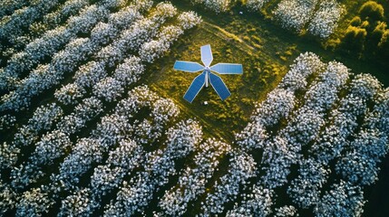 Aerial shot of a sugarcane farm with solar panels, a large water tank, and well-maintained irrigation systems