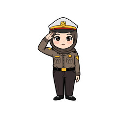 A cute cartoon style Indonesian female police officer wearing hijab under the cap