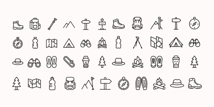 Collection of hiking thin line icon set. hiking vector icons. editable stroke