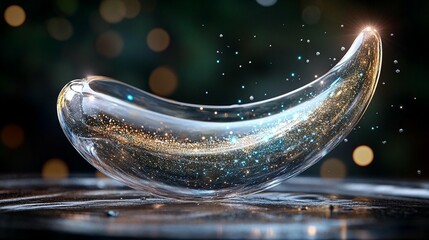 Translucent, curved object filled with shimmering gold and blue particles, levitating on a dark surface