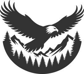 Forest tree with eagle wildlife bird vector drawing silhouette