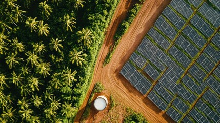 Aerial shot of a sugarcane farm with solar panels, a large water tank, and well-maintained irrigation systems