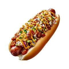 Delicious Gourmet Hot Dog Topped with Chili, Mustard, Onions, and Pickles