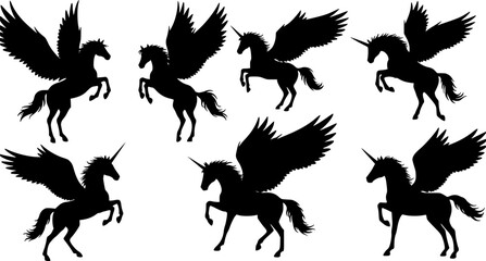 a set of black silhouettes of horses with wings and a horse, pegasus, flying mythical beasts, unicorns