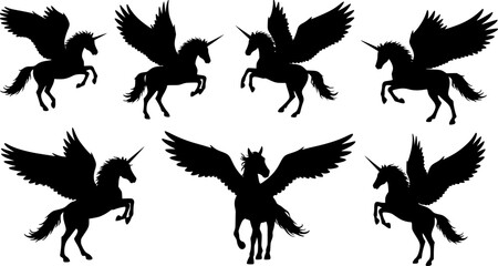 Fototapeta premium a set of black silhouettes of horses with wings and a horse, pegasus, flying mythical beasts, unicorns