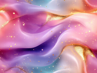 Vibrant abstract image featuring flowing waves of pink, purple, and blue hues with shimmering gold accents, creating dreamy and ethereal atmosphere