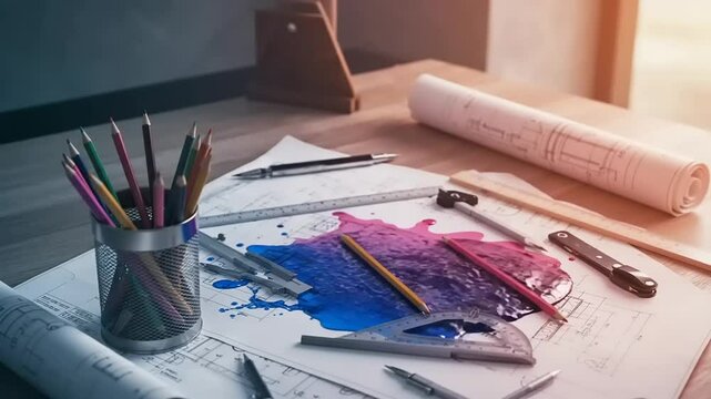 Colorful art supplies scattered on architectural blueprints in a bright workspace with natural light