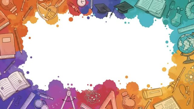 Colorful artistic border with educational tools and symbols, suitable for academic or creative projects