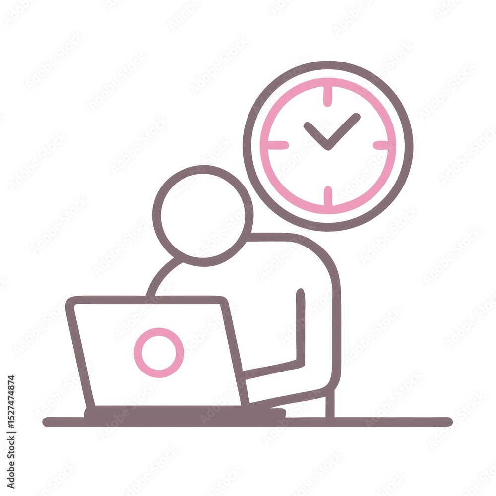 Poster a simple illustration of a person working on a laptop with a clock above, symbolizing time managemen