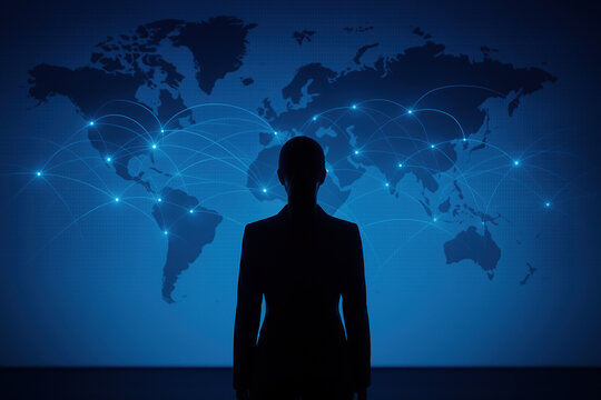 Business woman and global structure networking and data exchanges customer connection on dark background