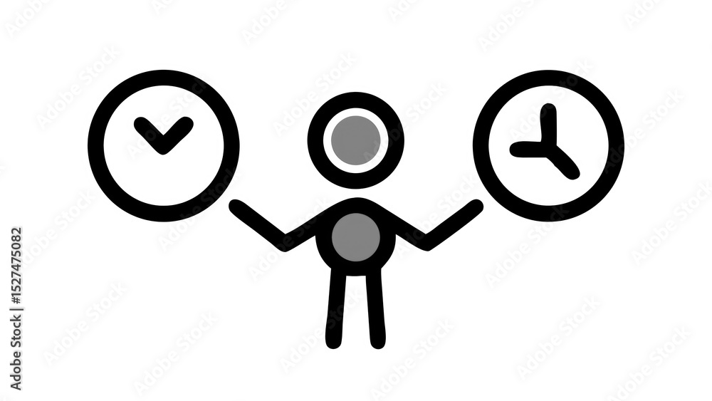 Poster a simple stick figure balancing two clocks, symbolizing time management and the challenge of jugglin