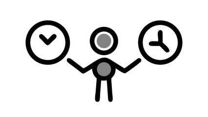 A simple stick figure balancing two clocks, symbolizing time management and the challenge of juggling responsibilities.