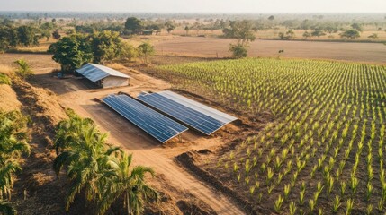Aerial shot of a sugarcane farm with solar panels, a large water tank, and well-maintained irrigation systems