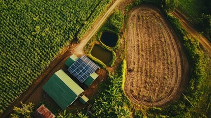 Aerial shot of a sugarcane farm with solar panels, a large water tank, and well-maintained irrigation systems