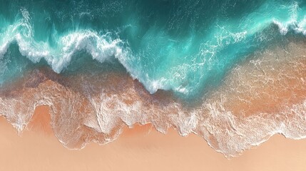 Aerial conceptual ocean view with vibrant waves crashing into peach sand, ideal for wellness campaigns.