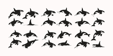 Silhouette orca whale icons set. marine life, ocean, mammal, set, logo, sea animal icons. vector illustration
