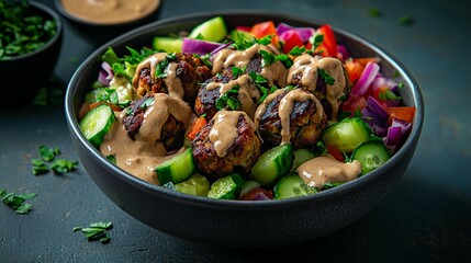 Vegetarian meatballs in a bowl with a vibrant salad, drizzled with a flavorful sauce