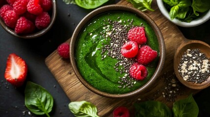 Vibrant green smoothie bowl topped with fresh raspberries and chia seeds.  Fresh spinach, strawberries, and other ingredients surround the bowl