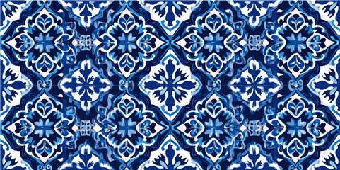 Ornate blue and white floral tile pattern. Blue and white ornate Portuguese tiles
