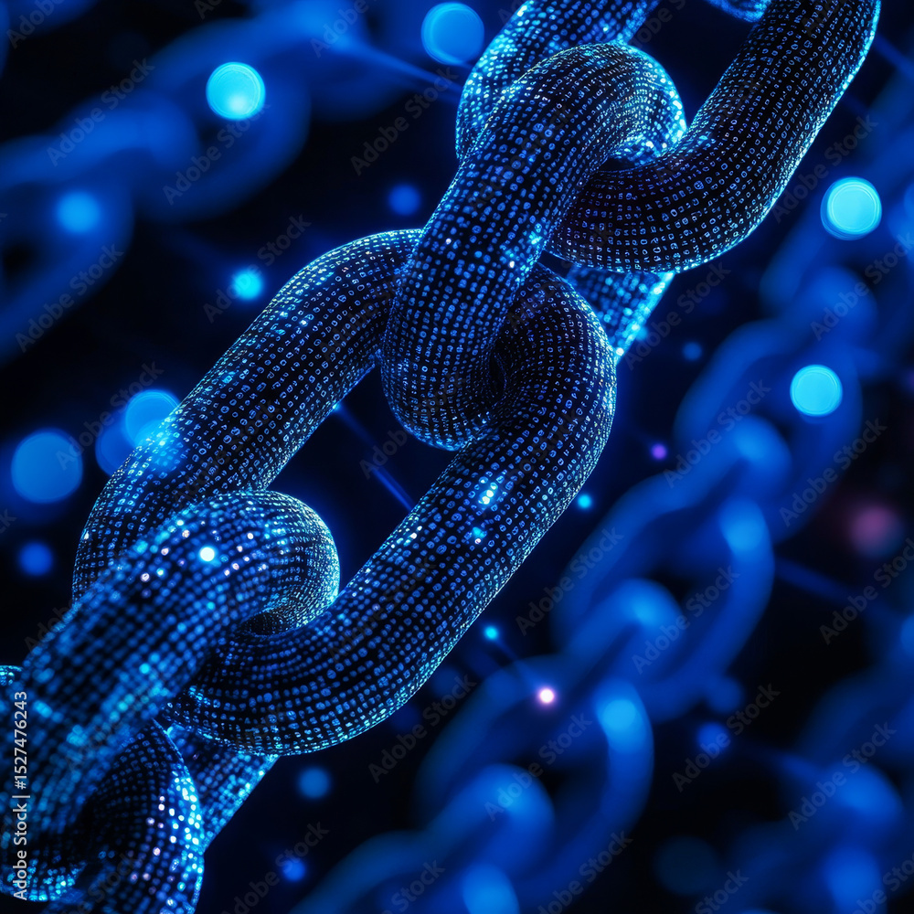 Poster blockchain. businessman holds global blockchain technology with network connected to multiple partie