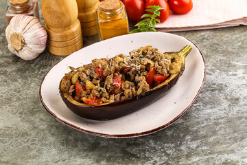 Baked eggplant stuffed meat and tomato